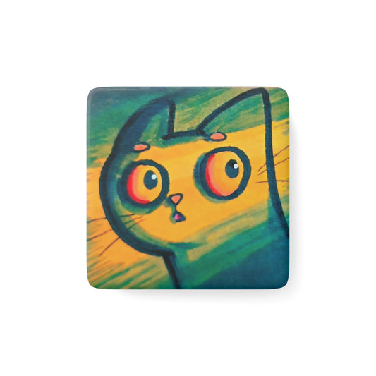 Colorful Surprised Cat Porcelain Square Magnet — Whimsical Refrigerator Art Gift