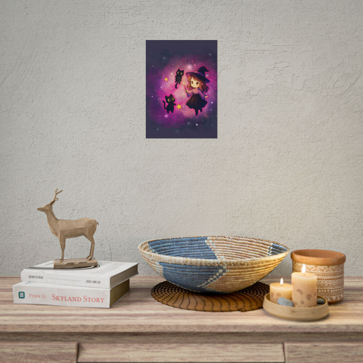 Cute Witch Poster — Chibi Witch with Black Cats Space Art Rolled Poster