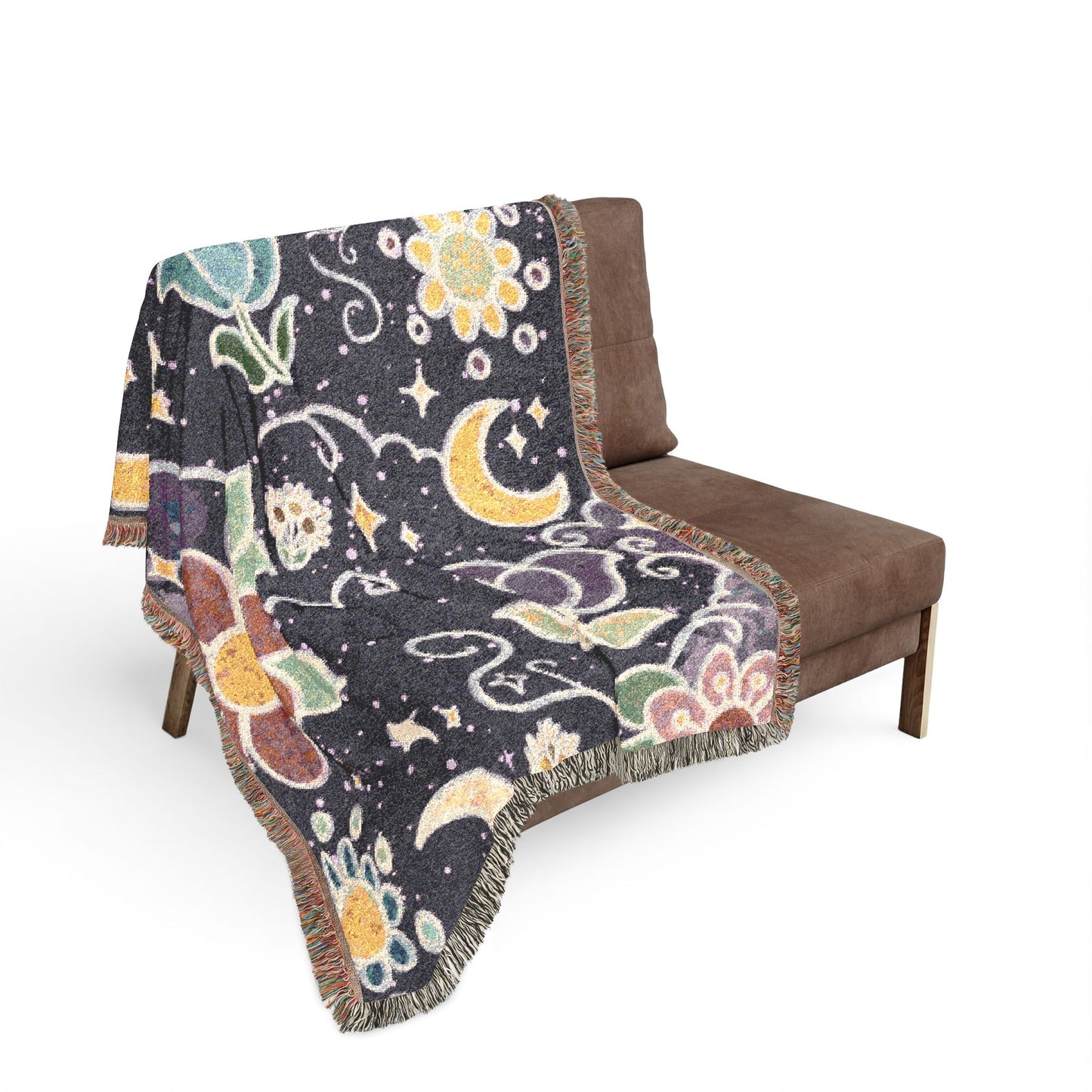 Celestial Floral Woven Blanket – Moon & Night Sky Throw, Witchy Tapestry, Cozy Boho Decor, Picnic & Festival Blanket