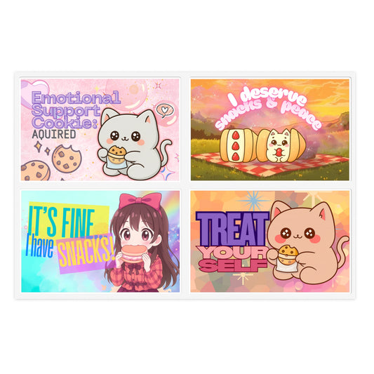 Cute Snack-Themed Sticker Sheet — 'Emotional Support Cookies', 'I Deserve Snacks', 'It's Fine I Have Snacks', 'Treat Yourself'