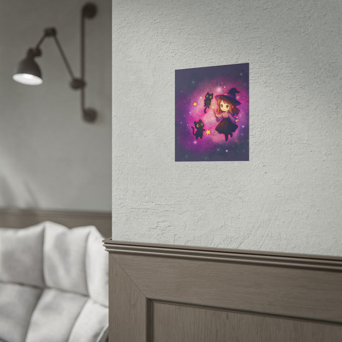 Cute Witch Poster — Chibi Witch with Black Cats Space Art Rolled Poster