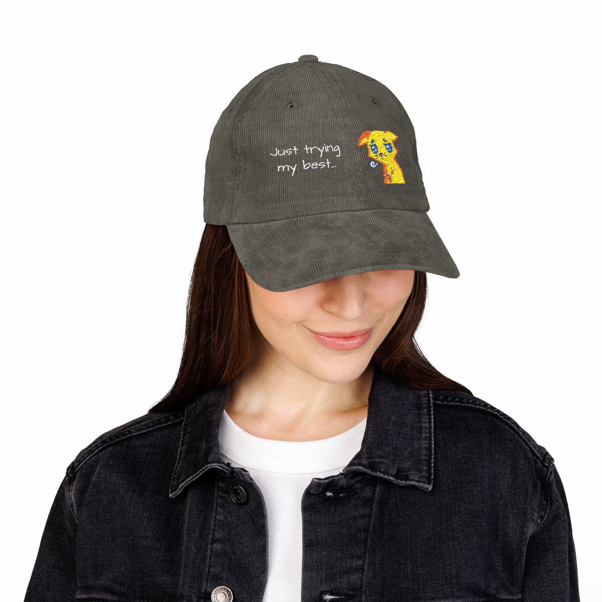 Corduroy Cap — Embroidered 'Just Trying My Best' Puppy Dad Hat