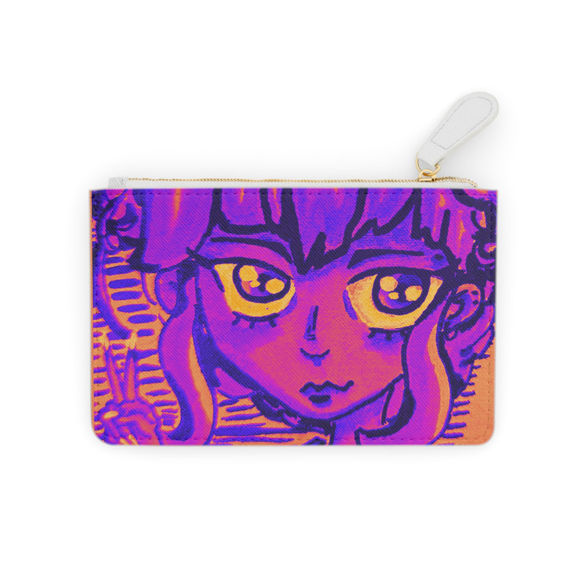 Mini Clutch Bag — Neon Anime Girl Art Zip Pouch | Cute Purple & Orange Accessory