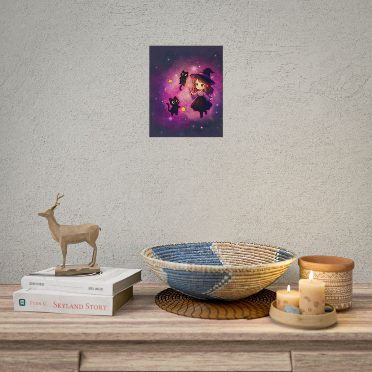 Cute Witch Poster — Chibi Witch with Black Cats Space Art Rolled Poster