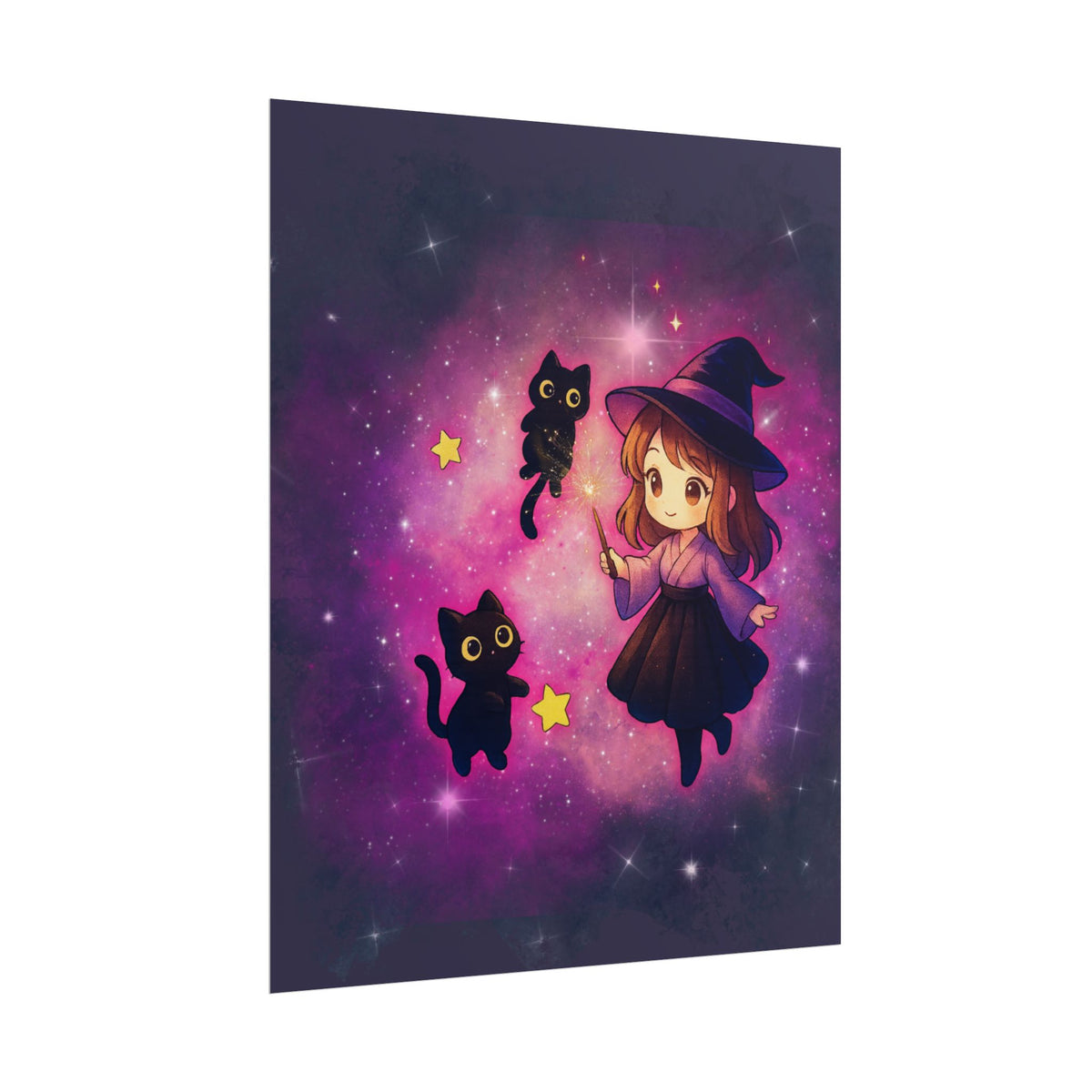 Cute Witch Poster — Chibi Witch with Black Cats Space Art Rolled Poster