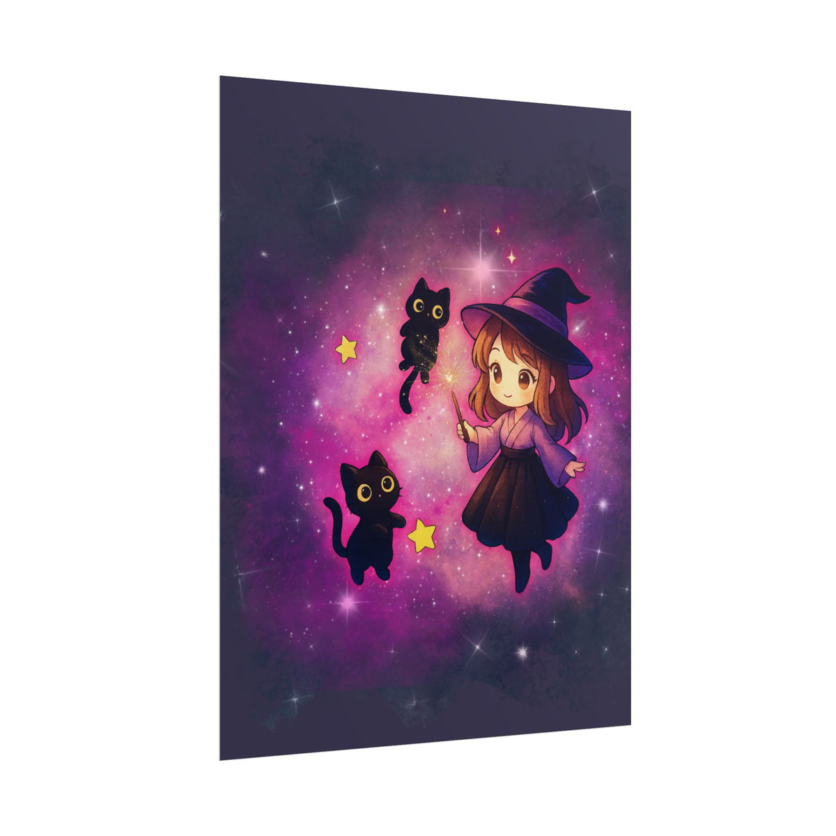 Cute Witch Poster — Chibi Witch with Black Cats Space Art Rolled Poster