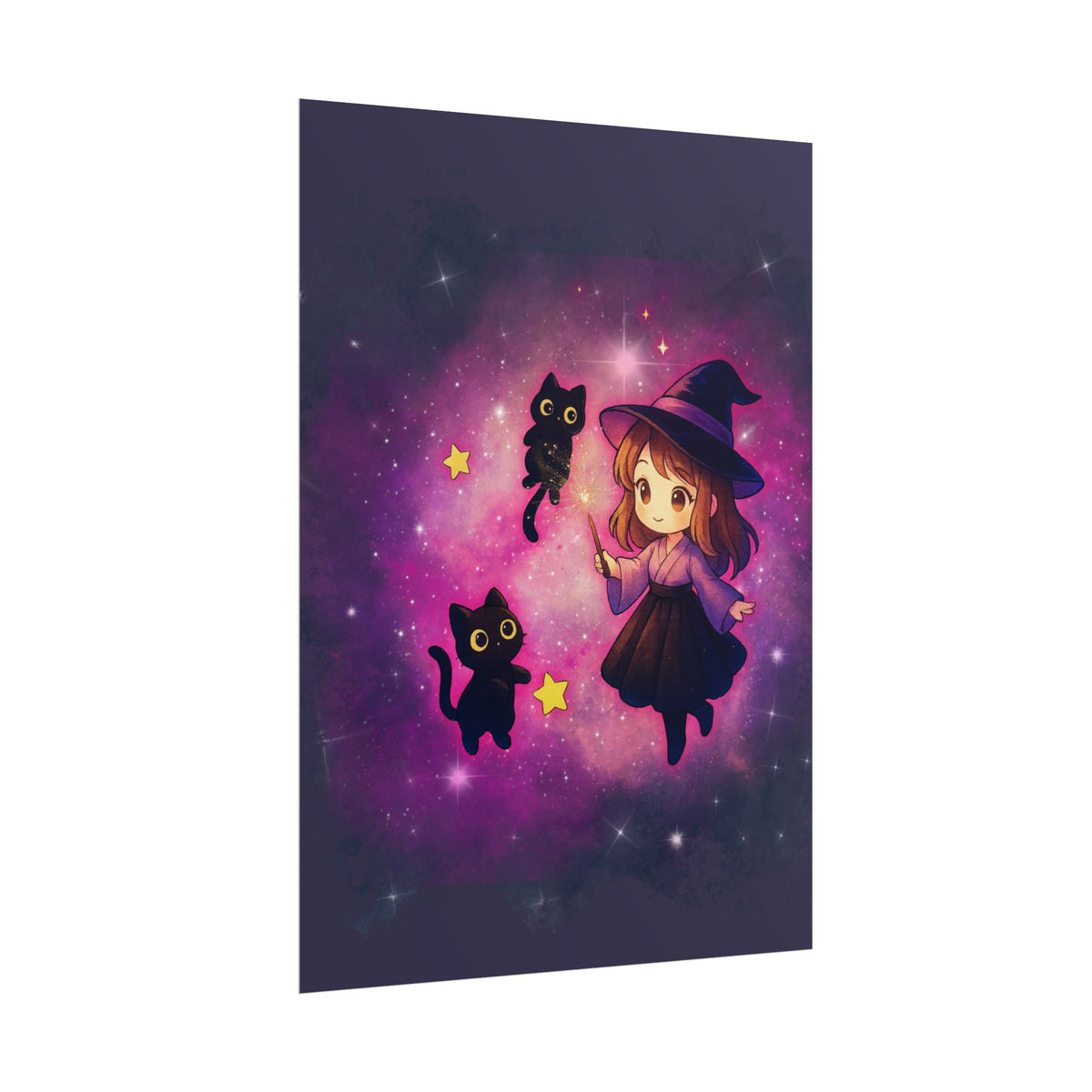 Cute Witch Poster — Chibi Witch with Black Cats Space Art Rolled Poster