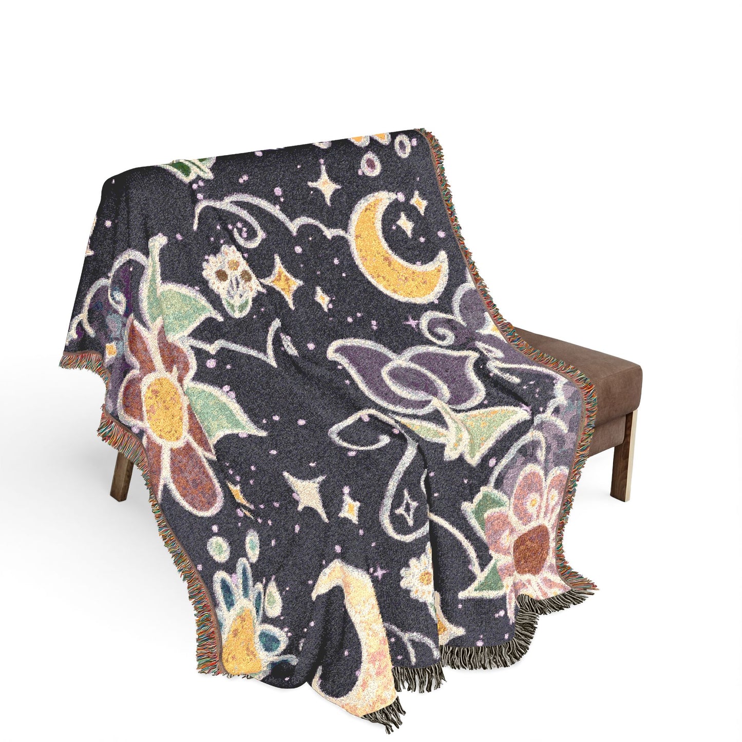 Celestial Floral Woven Blanket – Moon & Night Sky Throw, Witchy Tapestry, Cozy Boho Decor, Picnic & Festival Blanket