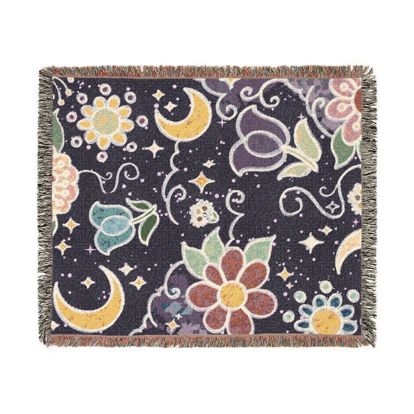 Celestial Floral Woven Blanket – Moon & Night Sky Throw, Witchy Tapestry, Cozy Boho Decor, Picnic & Festival Blanket