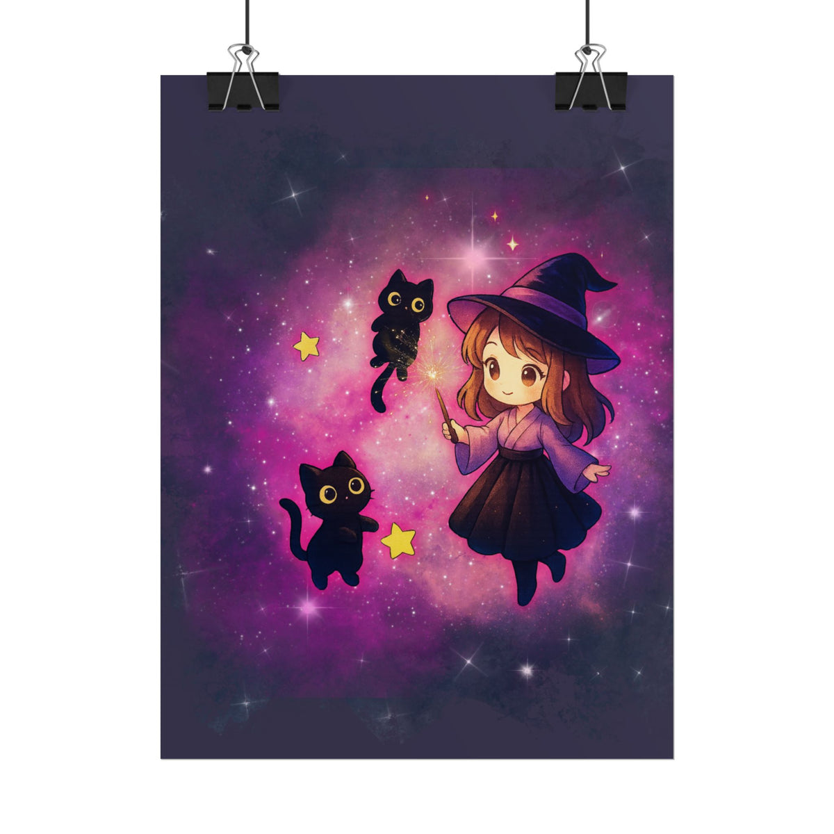 Cute Witch Poster — Chibi Witch with Black Cats Space Art Rolled Poster
