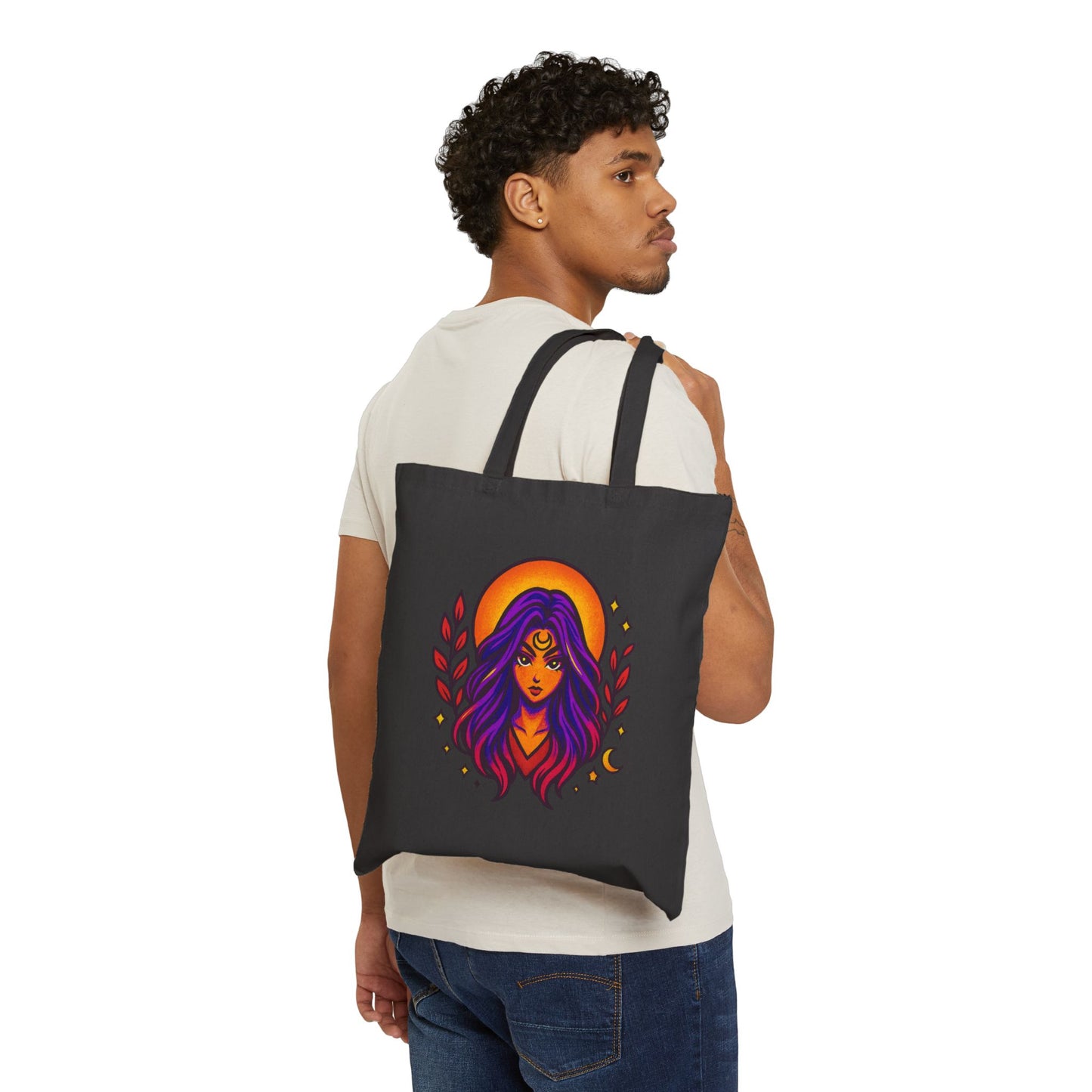 Mystic Maker Goddess Canvas Tote Bag — Boho Sun & Moon Illustration