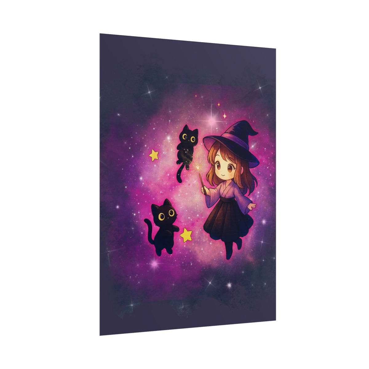 Cute Witch Poster — Chibi Witch with Black Cats Space Art Rolled Poster