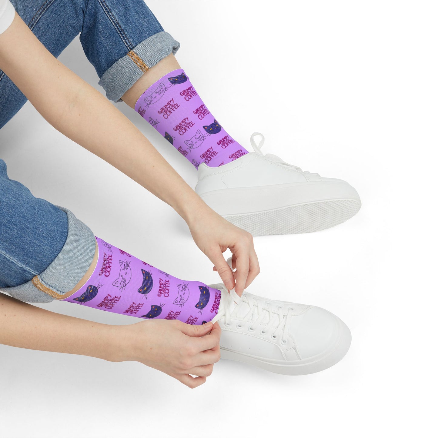 Purple Cat Pattern Crew Socks – Cute Sublimation Cat Face Socks