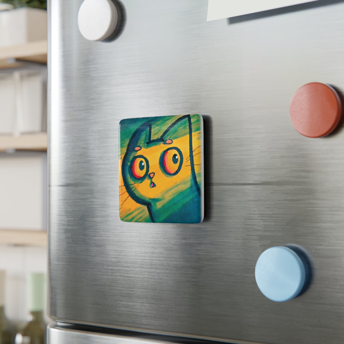 Colorful Surprised Cat Porcelain Square Magnet — Whimsical Refrigerator Art Gift
