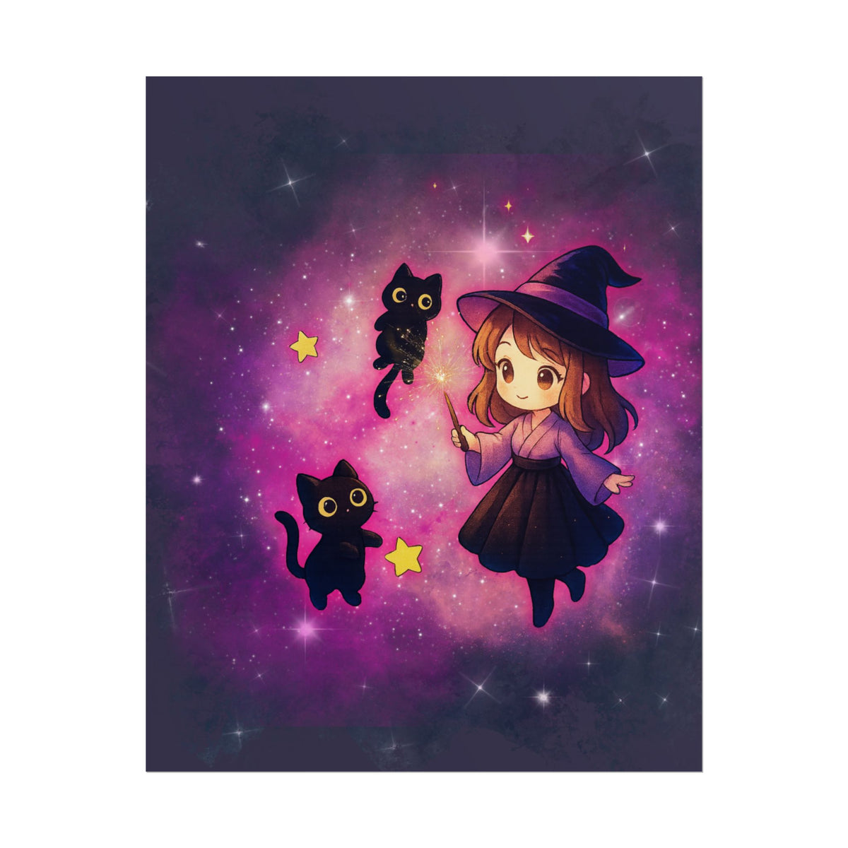 Cute Witch Poster — Chibi Witch with Black Cats Space Art Rolled Poster