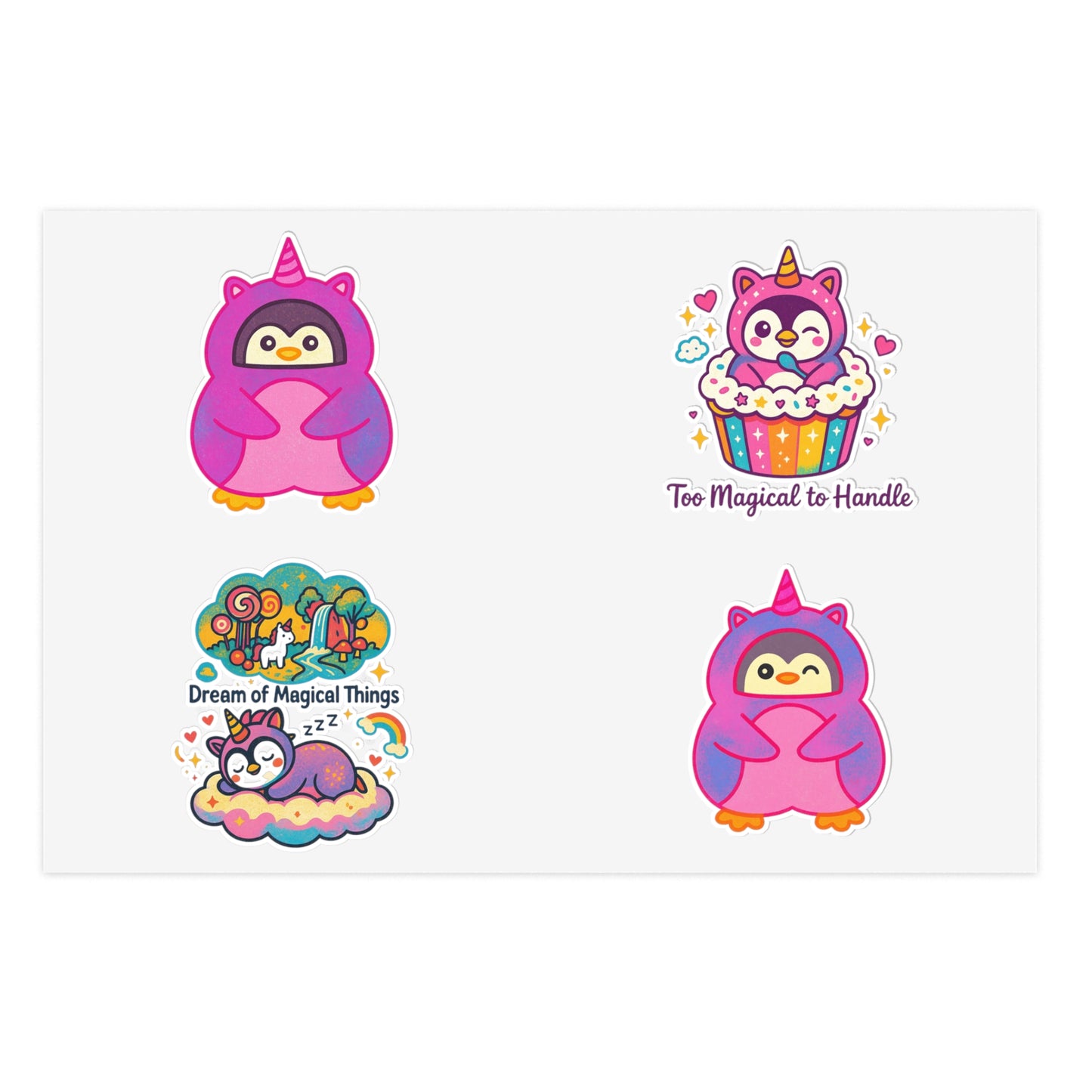 Magical Penguin Unicorn Sticker Sheet — Cute Kawaii Penguins, “Too Magical to Handle” & Dream of Magical Things