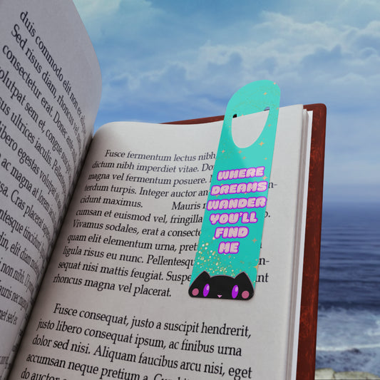 Nox Dream Bookmark — “Where Dreams Wander You’ll Find Me” | Cute Black Cat Metal Page Marker | Mystic Maker