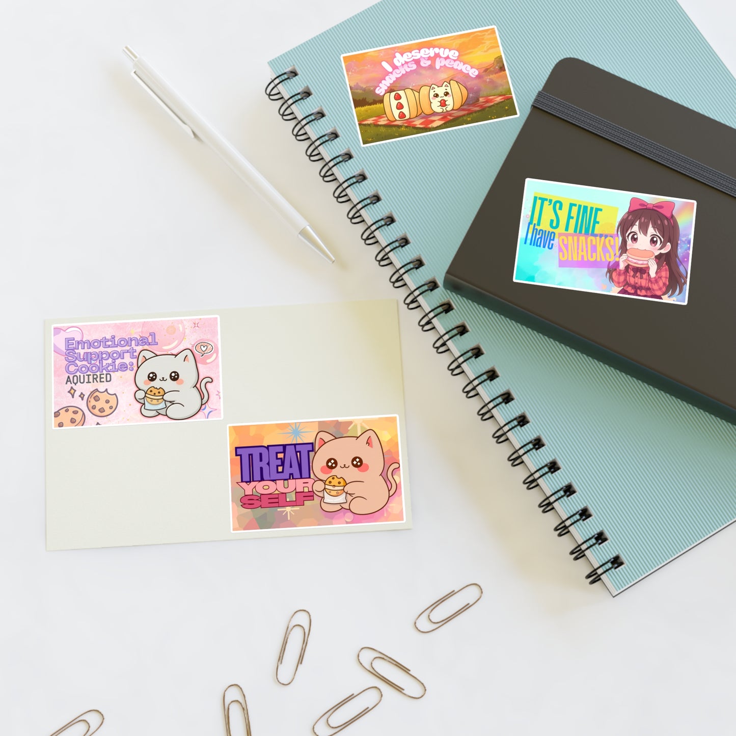 Cute Snack-Themed Sticker Sheet — 'Emotional Support Cookies', 'I Deserve Snacks', 'It's Fine I Have Snacks', 'Treat Yourself'