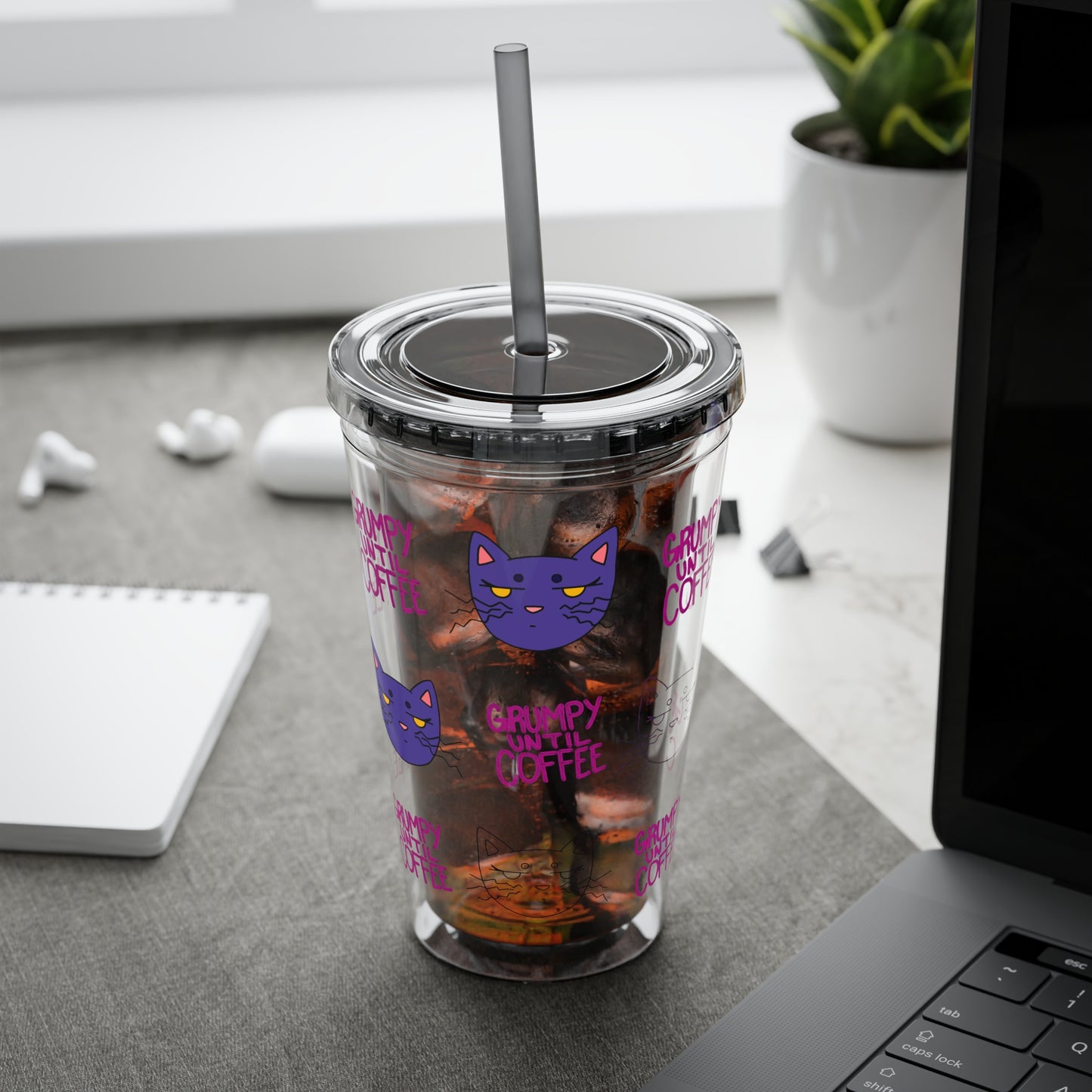 Grumpy Until Coffee | Cute Cat 16oz Acrylic Tumbler