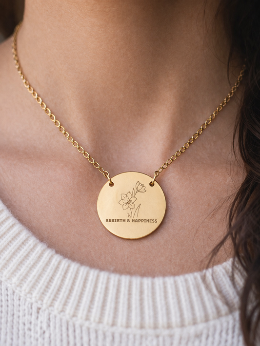"The Daffodil" March Birthflower Engraved Necklace — (Rebirth & Happiness)