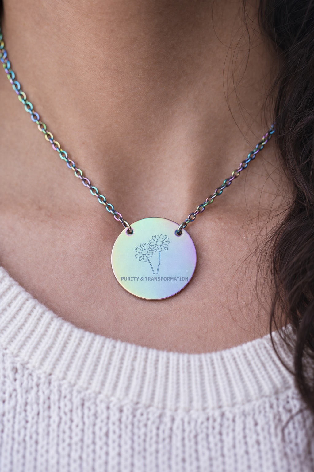 "The Daisy" April Birthflower Engraved Necklace — (Purity & Transformation)