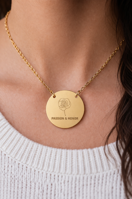 "The Rose" June Birthflower Engraved Necklace – (Passion & Honor)