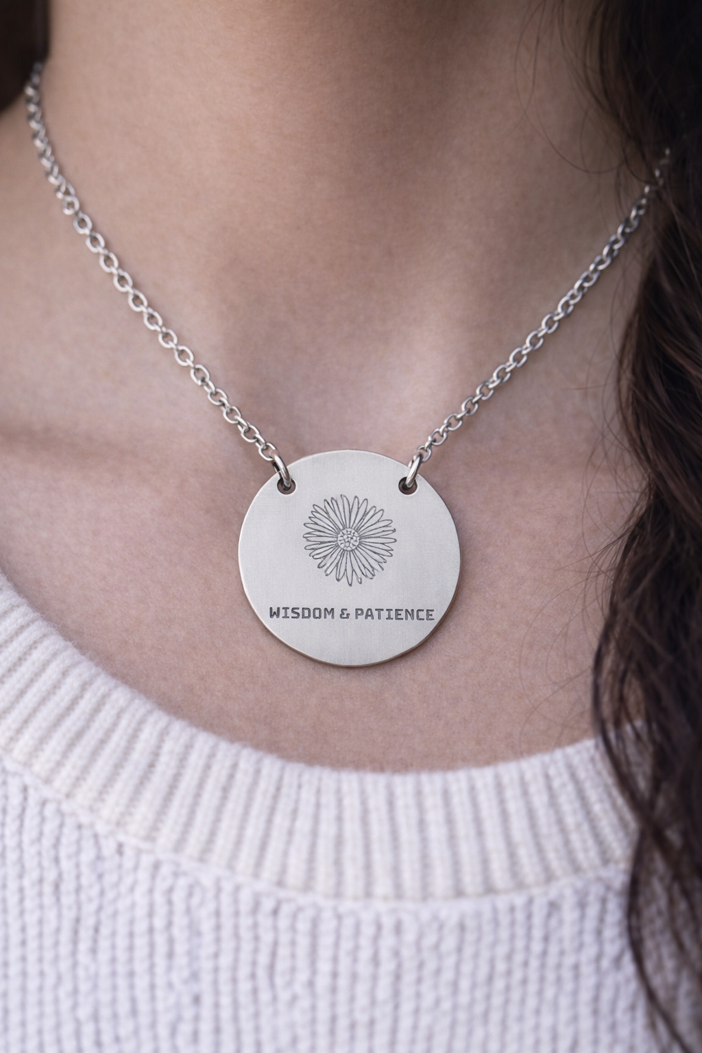 "The Aster" September Birthflower Engraved Necklace — (Wisdom & Patience)