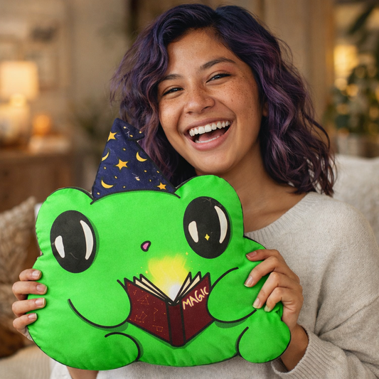 Arlo the Frog Wizard Pillow | Cute Kawaii Frog Plush Cushion | Magical Cozy Decor