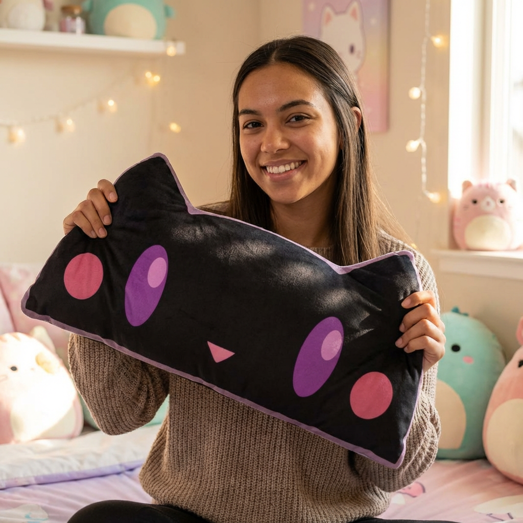 Nox the Night Familiar Pillow | Kawaii Black Cat Plush | Magical Witchy Decor Cushion
