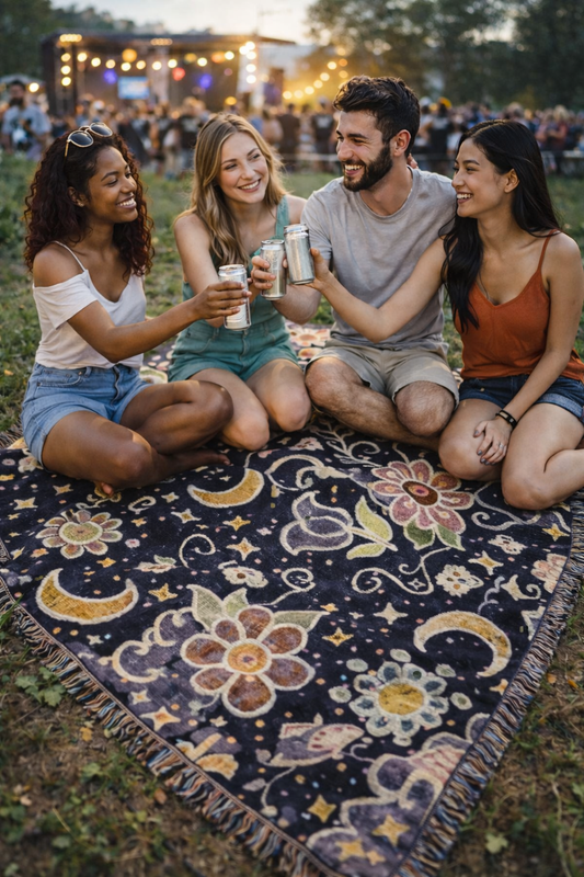 Celestial Floral Woven Blanket – Moon & Night Sky Throw, Witchy Tapestry, Cozy Boho Decor, Picnic & Festival Blanket