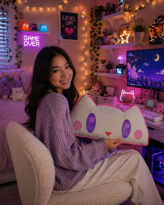 Lumi the Daybreak Familiar Pillow | Kawaii White Cat Plush | Magical Witchy Decor Cushion