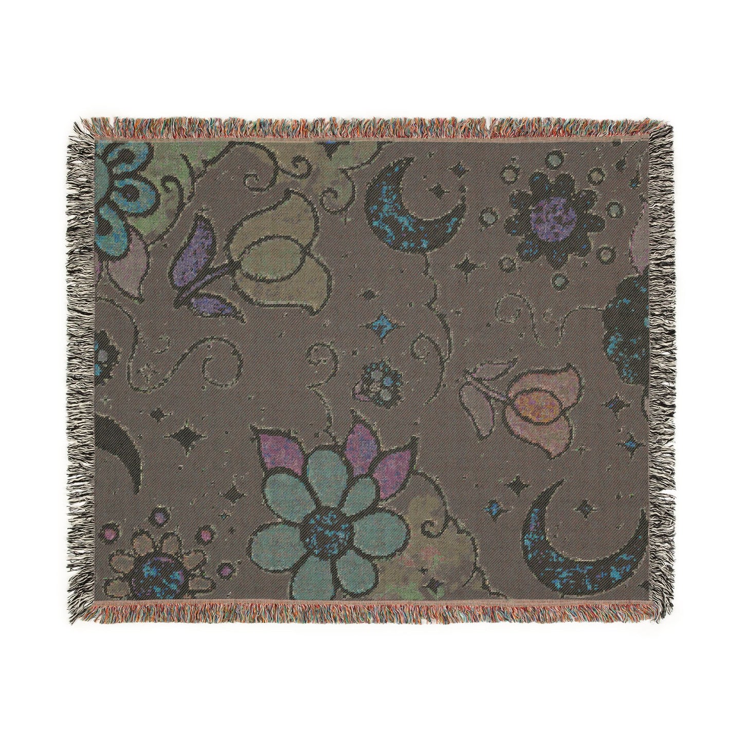 Celestial Floral Woven Blanket – Moon & Night Sky Throw, Witchy Tapestry, Cozy Boho Decor, Picnic & Festival Blanket