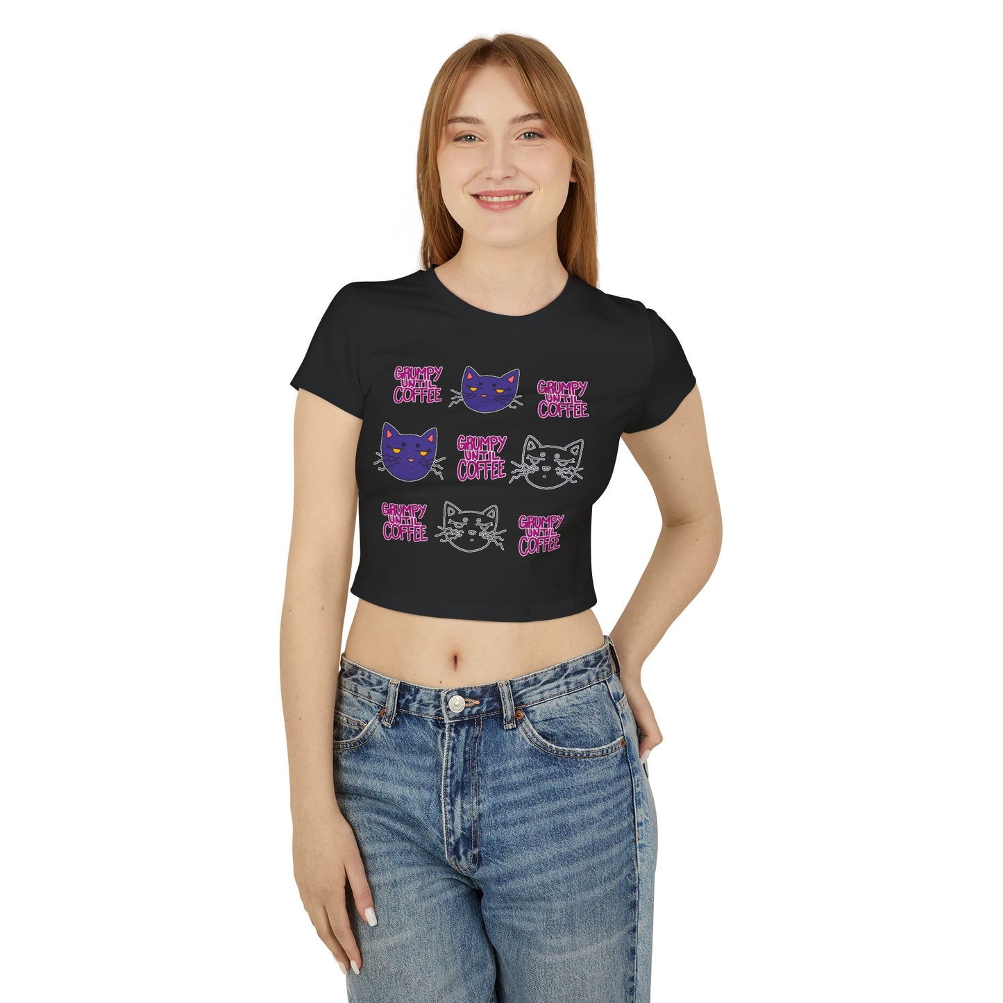 Cat Coffee Graphic Baby Tee — Cute Kawaii Cat Faces & "Chunky Coffee" Print