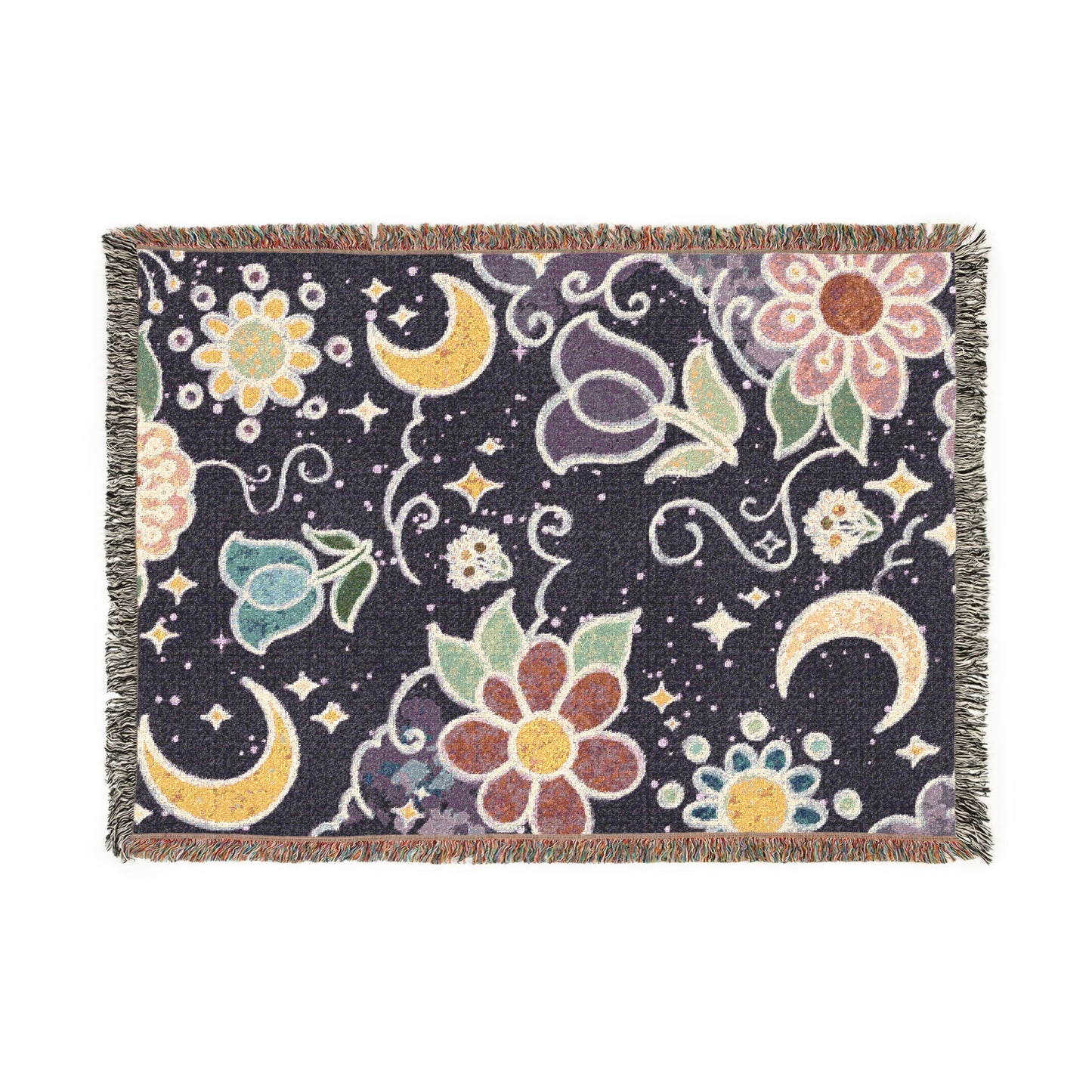 Celestial Floral Woven Blanket – Moon & Night Sky Throw, Witchy Tapestry, Cozy Boho Decor, Picnic & Festival Blanket
