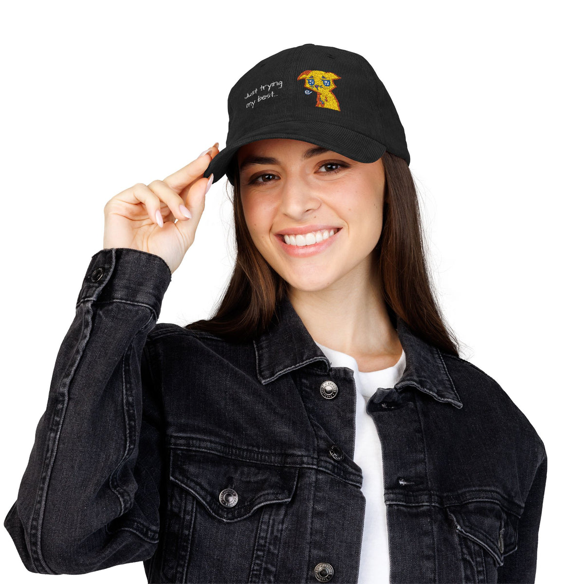 Corduroy Cap — Embroidered 'Just Trying My Best' Puppy Dad Hat