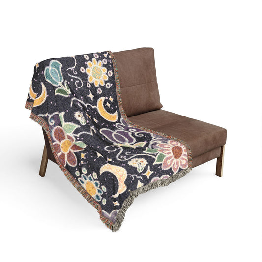 Celestial Floral Woven Blanket – Moon & Night Sky Throw, Witchy Tapestry, Cozy Boho Decor, Picnic & Festival Blanket
