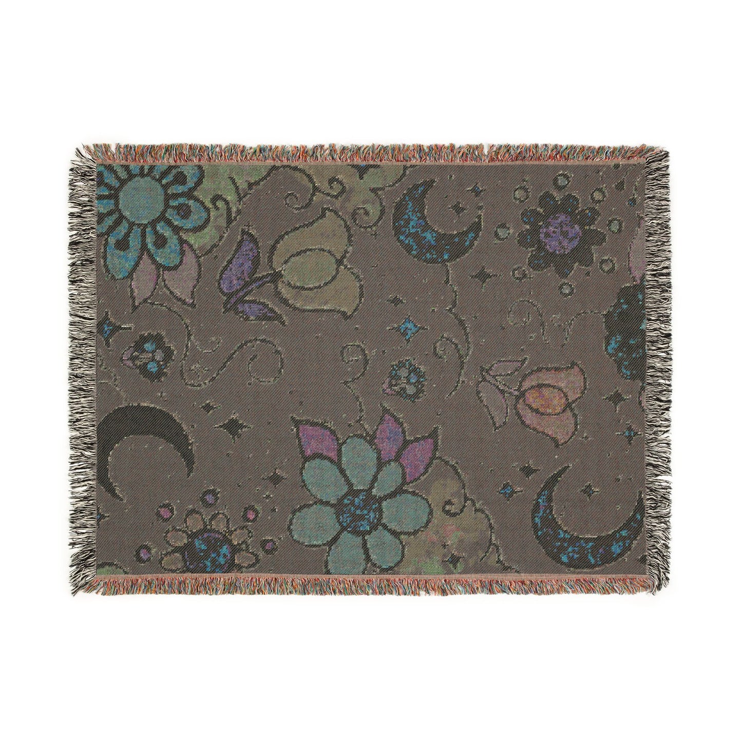 Celestial Floral Woven Blanket – Moon & Night Sky Throw, Witchy Tapestry, Cozy Boho Decor, Picnic & Festival Blanket