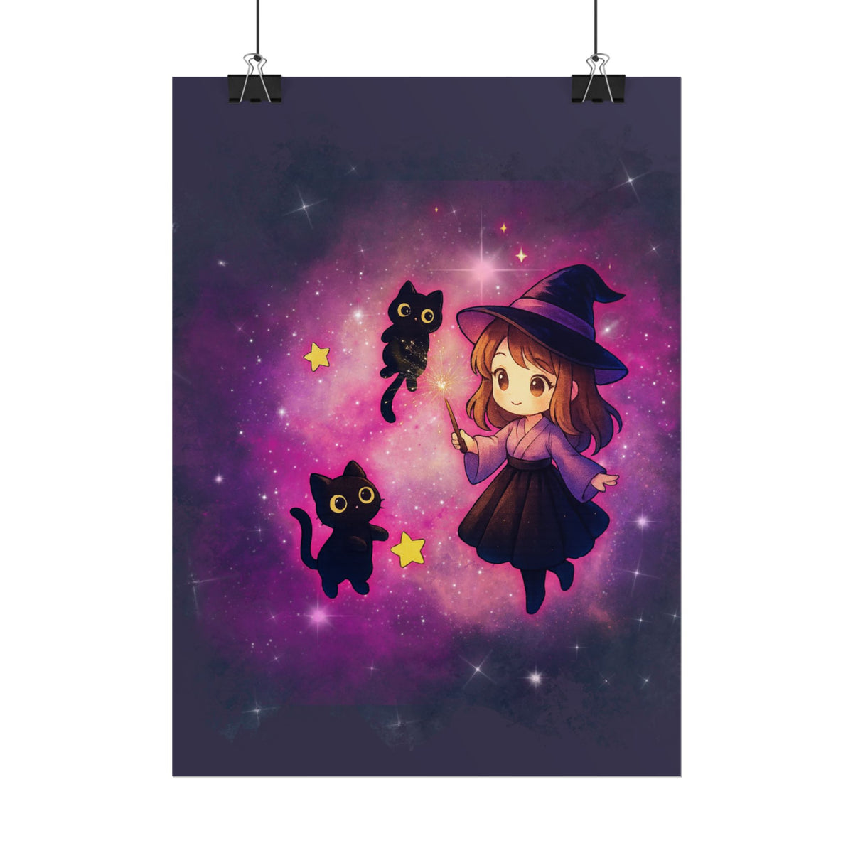 Cute Witch Poster — Chibi Witch with Black Cats Space Art Rolled Poster