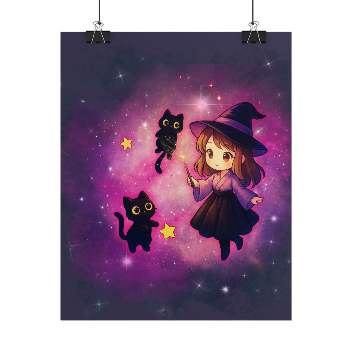 Cute Witch Poster — Chibi Witch with Black Cats Space Art Rolled Poster
