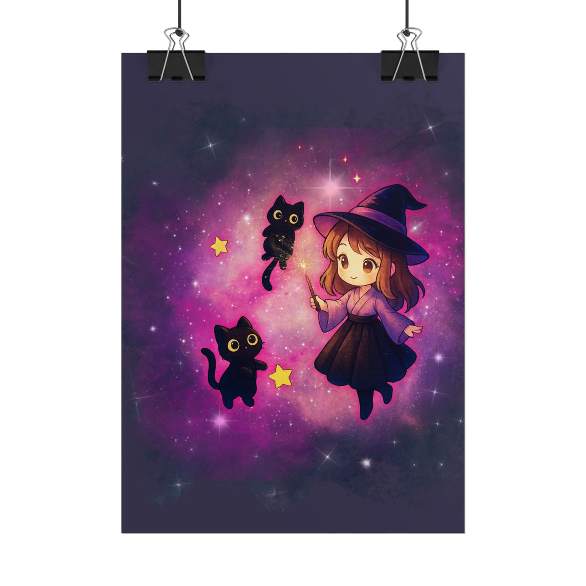 Cute Witch Poster — Chibi Witch with Black Cats Space Art Rolled Poster