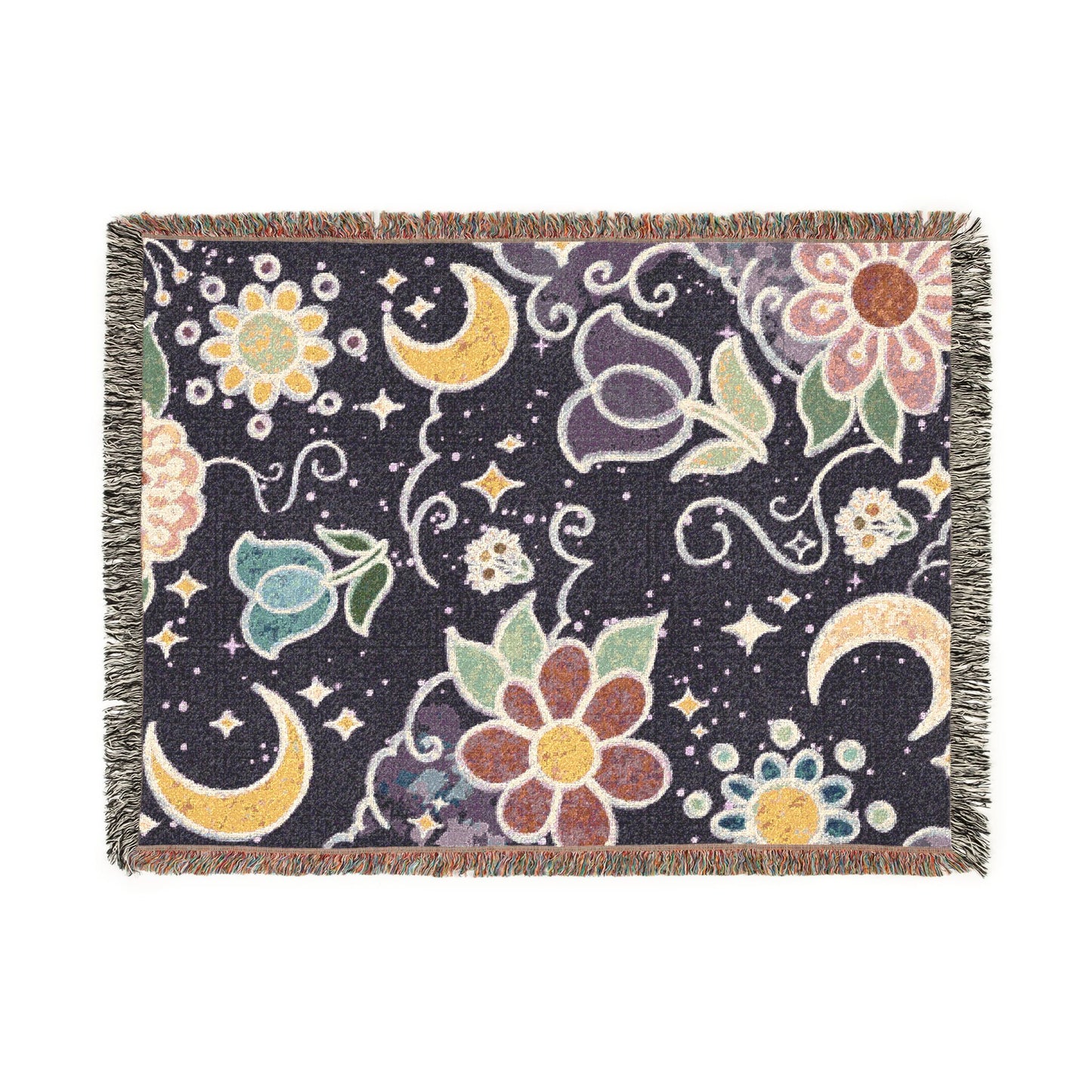 Celestial Floral Woven Blanket – Moon & Night Sky Throw, Witchy Tapestry, Cozy Boho Decor, Picnic & Festival Blanket