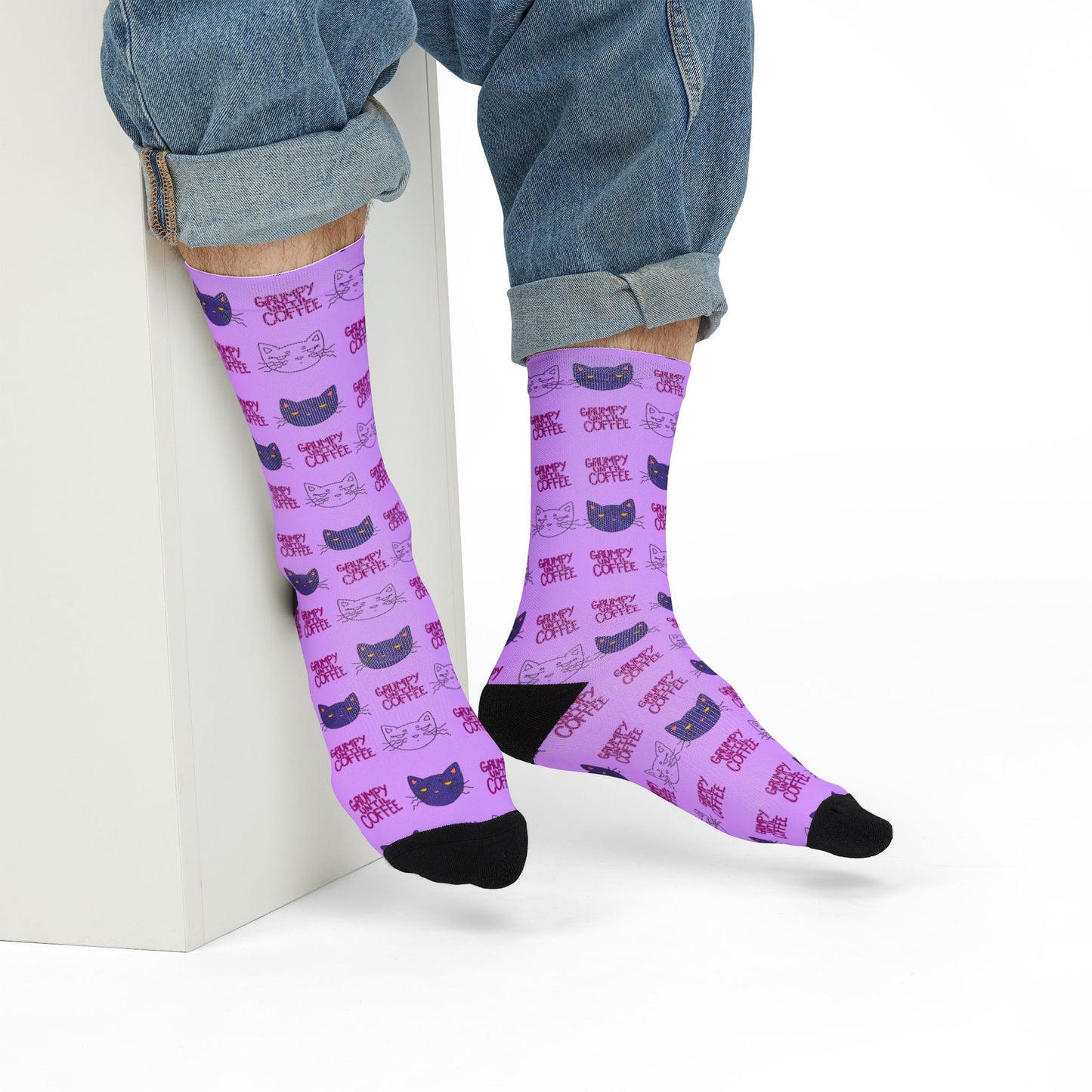 Purple Cat Pattern Crew Socks – Cute Sublimation Cat Face Socks