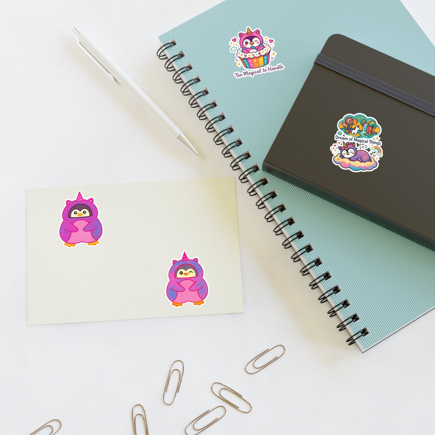 Magical Penguin Unicorn Sticker Sheet — Cute Kawaii Penguins, “Too Magical to Handle” & Dream of Magical Things