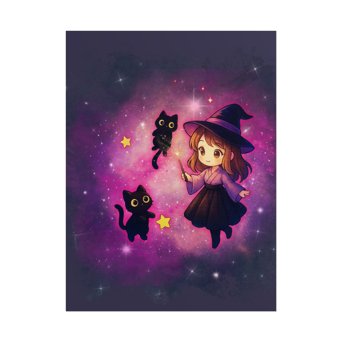 Cute Witch Poster — Chibi Witch with Black Cats Space Art Rolled Poster