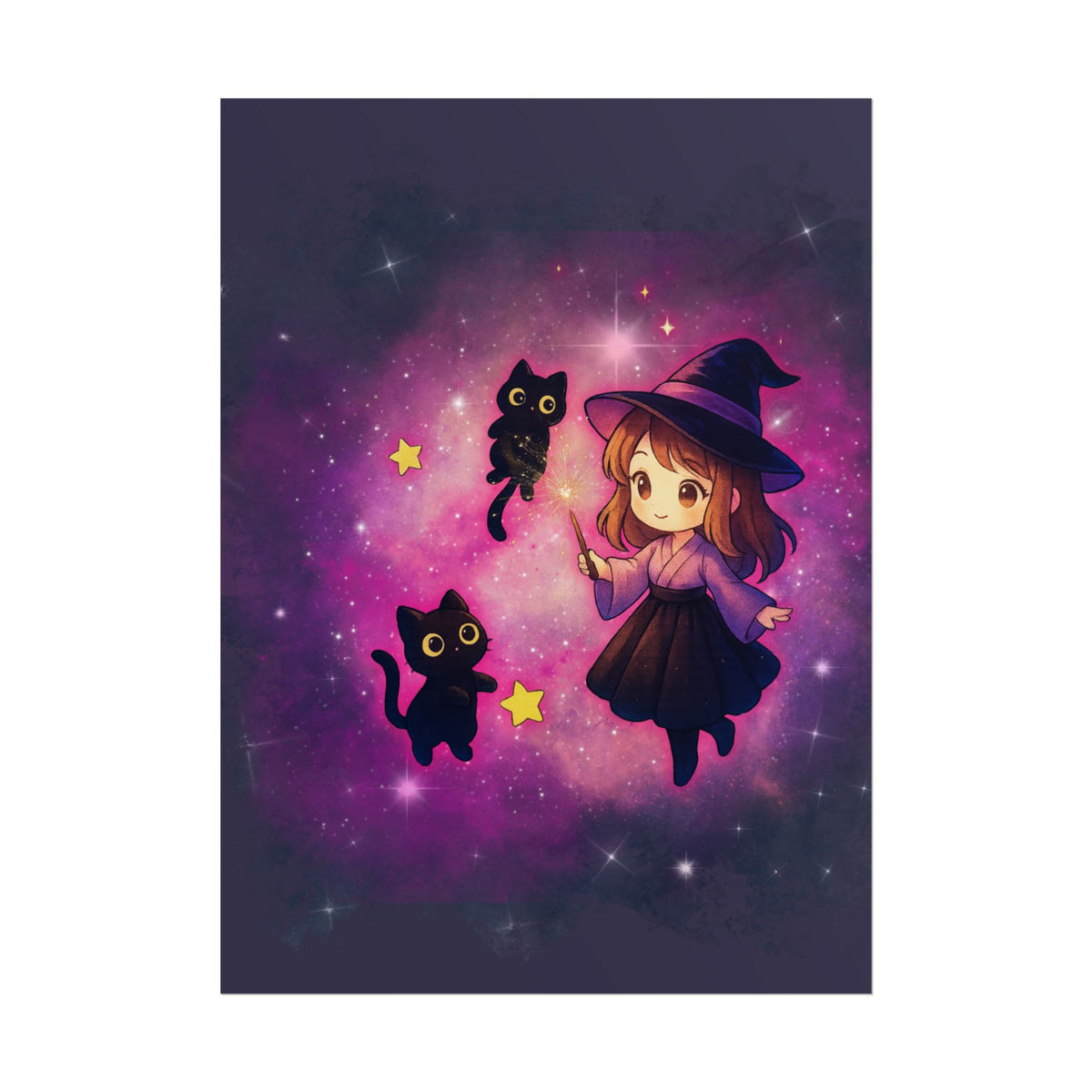 Cute Witch Poster — Chibi Witch with Black Cats Space Art Rolled Poster