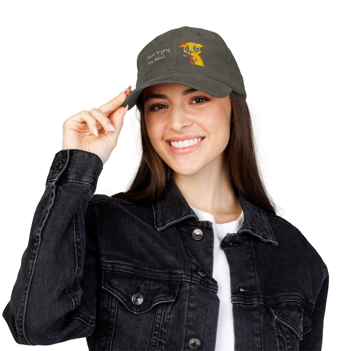 Corduroy Cap — Embroidered 'Just Trying My Best' Puppy Dad Hat