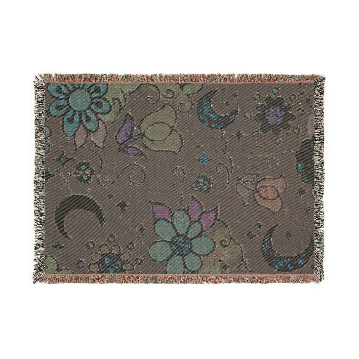 Celestial Floral Woven Blanket – Moon & Night Sky Throw, Witchy Tapestry, Cozy Boho Decor, Picnic & Festival Blanket