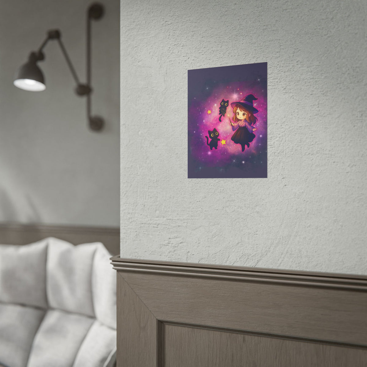 Cute Witch Poster — Chibi Witch with Black Cats Space Art Rolled Poster