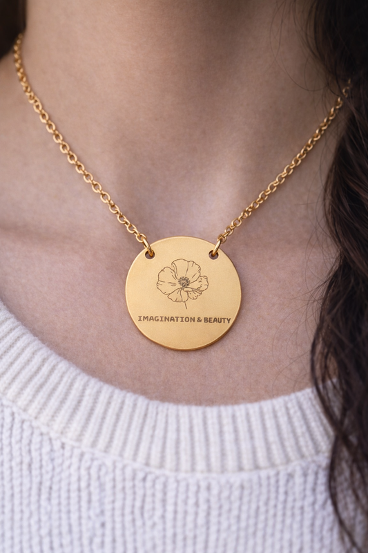 "The Poppy" August Birthflower Engraved Necklace — (Imagination & Beauty)